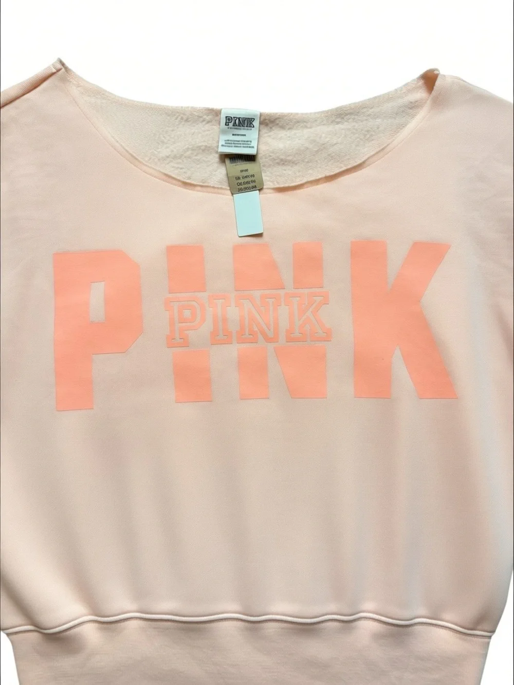 PINK Victoria's Secret Pink/Peach Off-Shoulder Logo Cropped Sweatshirt Size Med - Picture 3 of 7